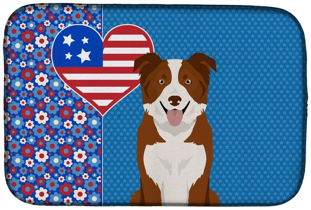 Main image of Red and White Border Collie USA American Dish Drying Mat Absorbent Dish Drying Mat Pad for Kitchen Counter Dish Drainer Mat for