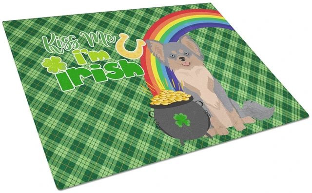 Main image of Longhaired Blue and Tan Chihuahua St. Patrick's Day Glass Cutting Board Decorative Tempered Glass Kitchen Cutting and Serving Bo