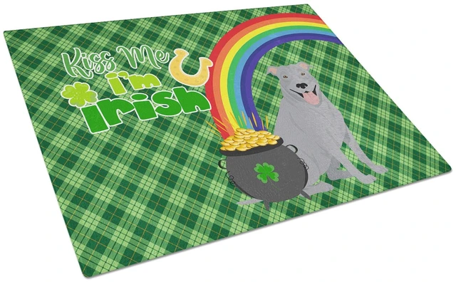 Main image of Blue Pit Bull Terrier St. Patrick's Day Glass Cutting Board Decorative Tempered Glass Kitchen Cutting and Serving Board Large Si