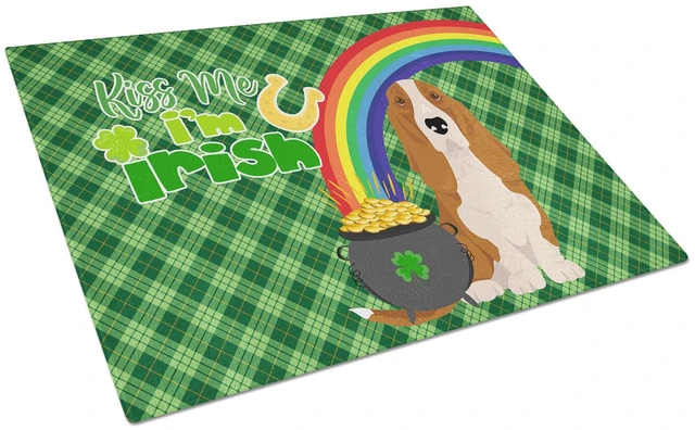 Main image of Red and White Tricolor Basset Hound St. Patrick's Day Glass Cutting Board Decorative Tempered Glass Kitchen Cutting and Serving