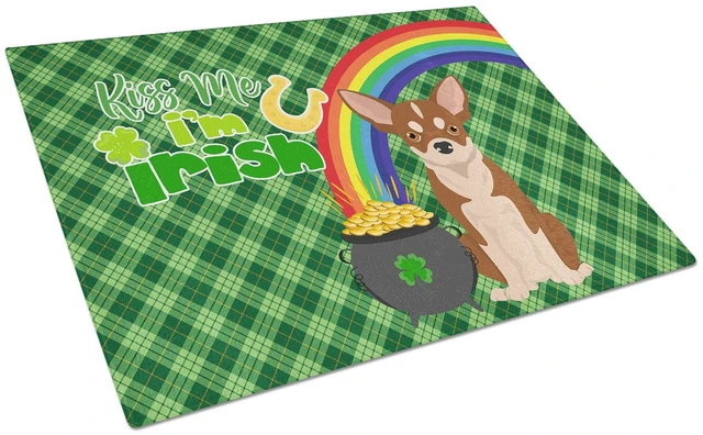 Main image of Red and White Chihuahua St. Patrick's Day Glass Cutting Board Decorative Tempered Glass Kitchen Cutting and Serving Board Large