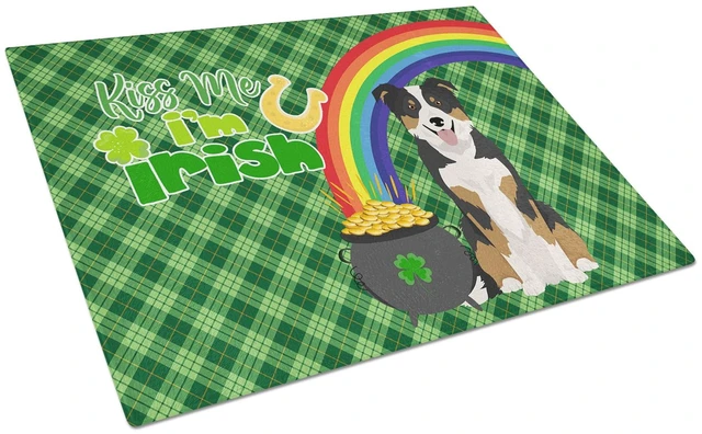 Main image of Tricolor Border Collie St. Patrick's Day Glass Cutting Board Decorative Tempered Glass Kitchen Cutting and Serving Board Large S
