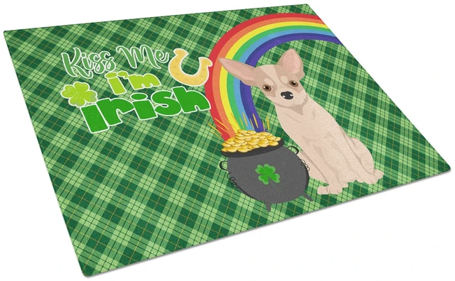 Main image of Fawn and White Chihuahua St. Patrick's Day Glass Cutting Board Decorative Tempered Glass Kitchen Cutting and Serving Board Large