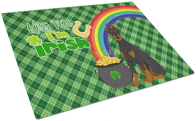 Main image of Black and Tan Doberman Pinscher St. Patrick's Day Glass Cutting Board Decorative Tempered Glass Kitchen Cutting and Serving Boar