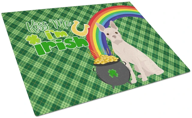 Main image of White Boston Terrier St. Patrick's Day Glass Cutting Board Decorative Tempered Glass Kitchen Cutting and Serving Board Large Siz