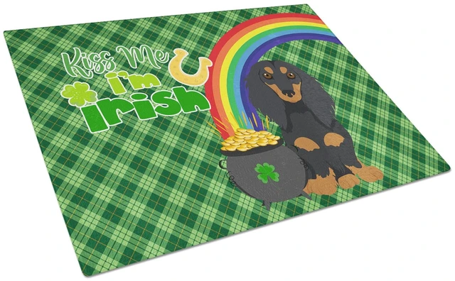 Main image of Longhair Black and Tan Dachshund St. Patrick's Day Glass Cutting Board Decorative Tempered Glass Kitchen Cutting and Serving Boa