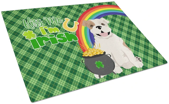 Main image of Piebald English Bulldog St. Patrick's Day Glass Cutting Board Decorative Tempered Glass Kitchen Cutting and Serving Board Large