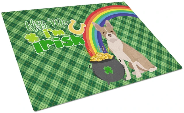 Main image of Fawn Boston Terrier St. Patrick's Day Glass Cutting Board Decorative Tempered Glass Kitchen Cutting and Serving Board Large Size
