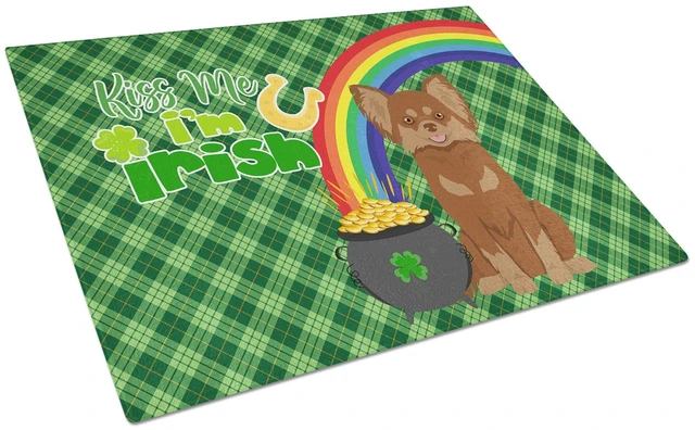 Main image of Longhaired Chocolate and Tan Chihuahua St. Patrick's Day Glass Cutting Board Decorative Tempered Glass Kitchen Cutting and Servi