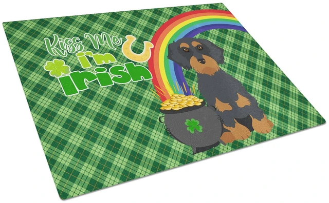 Main image of Wirehair Black and Tan Dachshund St. Patrick's Day Glass Cutting Board Decorative Tempered Glass Kitchen Cutting and Serving Boa