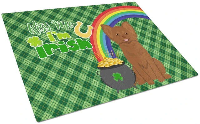 Main image of Longhaired Chocolate Chihuahua St. Patrick's Day Glass Cutting Board Decorative Tempered Glass Kitchen Cutting and Serving Board