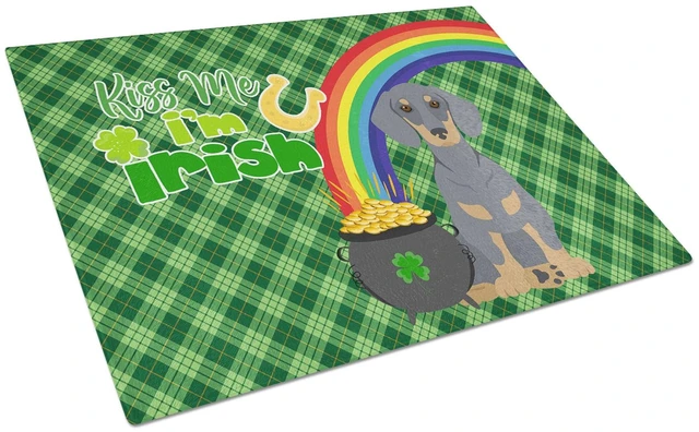 Main image of Blue and Tan Dachshund St. Patrick's Day Glass Cutting Board Decorative Tempered Glass Kitchen Cutting and Serving Board Large S