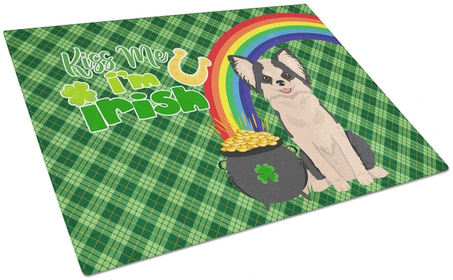 Main image of Longhaired Black and White #2 Chihuahua St. Patrick's Day Glass Cutting Board Decorative Tempered Glass Kitchen Cutting and Serv
