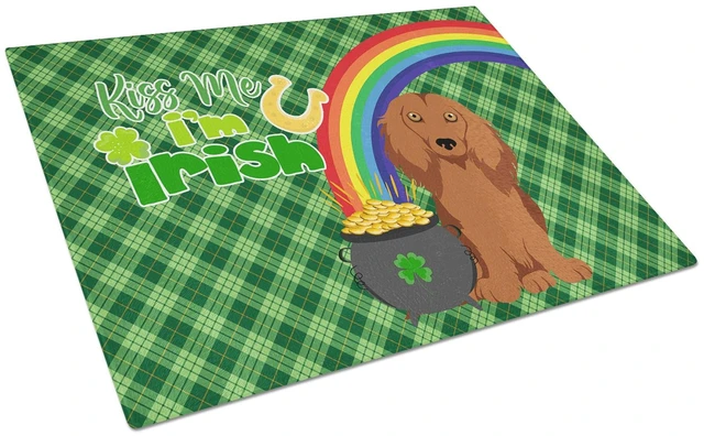 Main image of Longhair Red Dachshund St. Patrick's Day Glass Cutting Board Decorative Tempered Glass Kitchen Cutting and Serving Board Large S