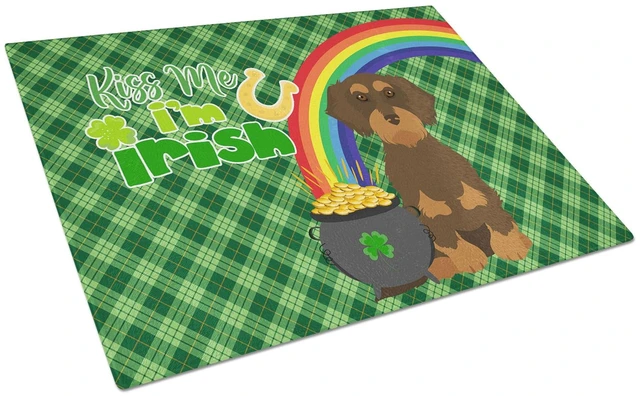 Main image of Wirehair Chocolate and Tan Dachshund St. Patrick's Day Glass Cutting Board Decorative Tempered Glass Kitchen Cutting and Serving