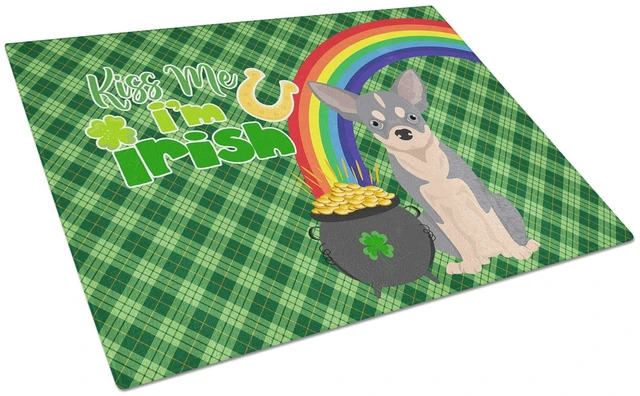 Main image of Blue and White Chihuahua St. Patrick's Day Glass Cutting Board Decorative Tempered Glass Kitchen Cutting and Serving Board Large