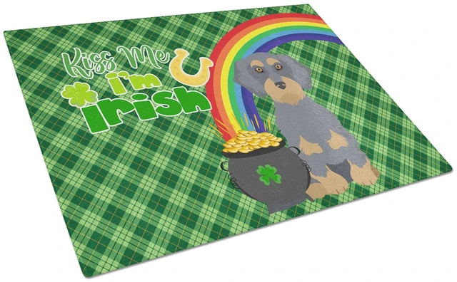 Main image of Wirehair Blue and Tan Dachshund St. Patrick's Day Glass Cutting Board Decorative Tempered Glass Kitchen Cutting and Serving Boar