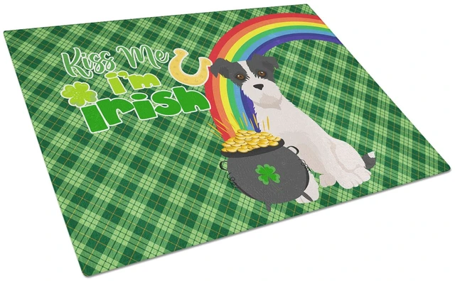 Main image of Black White Wirehair Jack Russell Terrier St. Patrick's Day Glass Cutting Board Decorative Tempered Glass Kitchen Cutting and Se