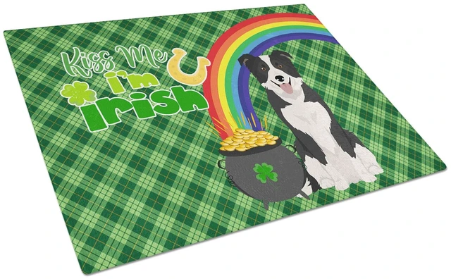 Main image of Black and White Border Collie St. Patrick's Day Glass Cutting Board Decorative Tempered Glass Kitchen Cutting and Serving Board