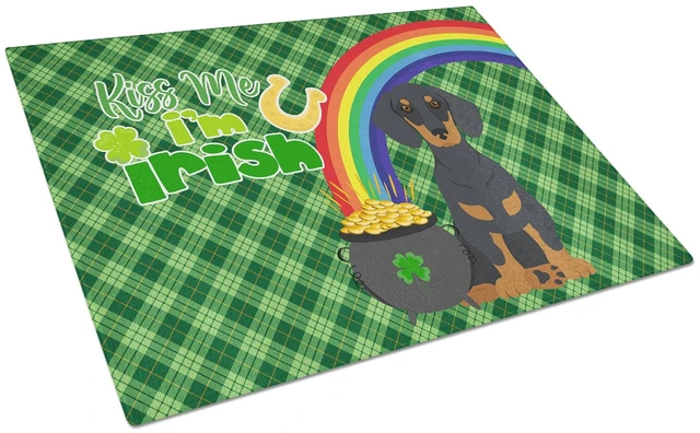 Main image of Black and Tan Dachshund St. Patrick's Day Glass Cutting Board Decorative Tempered Glass Kitchen Cutting and Serving Board Large