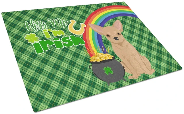 Main image of Gold Chihuahua St. Patrick's Day Glass Cutting Board Decorative Tempered Glass Kitchen Cutting and Serving Board Large Size Chop