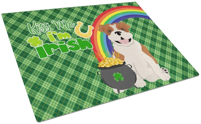 Main image of Red English Bulldog St. Patrick's Day Glass Cutting Board Decorative Tempered Glass Kitchen Cutting and Serving Board Large Size