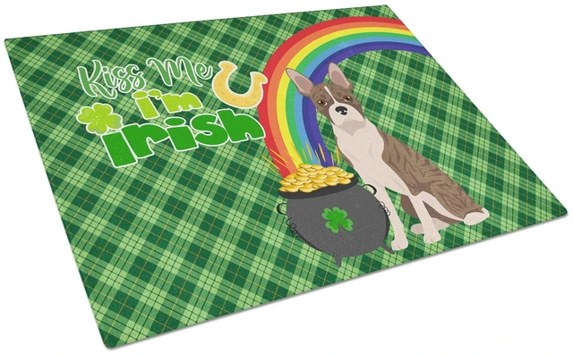Main image of Brindle Boston Terrier St. Patrick's Day Glass Cutting Board Decorative Tempered Glass Kitchen Cutting and Serving Board Large S