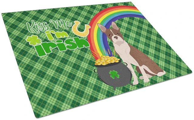 Main image of Red Boston Terrier St. Patrick's Day Glass Cutting Board Decorative Tempered Glass Kitchen Cutting and Serving Board Large Size