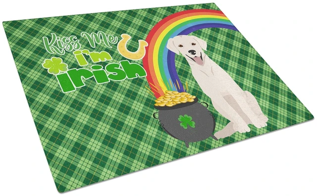 Main image of White Cream Labrador Retriever St. Patrick's Day Glass Cutting Board Decorative Tempered Glass Kitchen Cutting and Serving Board