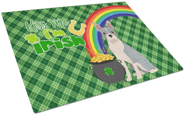 Main image of Blue Boston Terrier St. Patrick's Day Glass Cutting Board Decorative Tempered Glass Kitchen Cutting and Serving Board Large Size