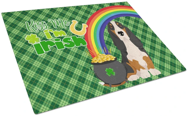 Main image of Black Tricolor Basset Hound St. Patrick's Day Glass Cutting Board Decorative Tempered Glass Kitchen Cutting and Serving Board La