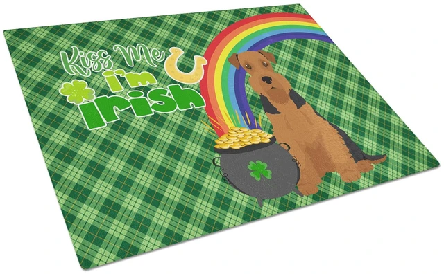 Main image of Black and Tan Airedale Terrier St. Patrick's Day Glass Cutting Board Decorative Tempered Glass Kitchen Cutting and Serving Board