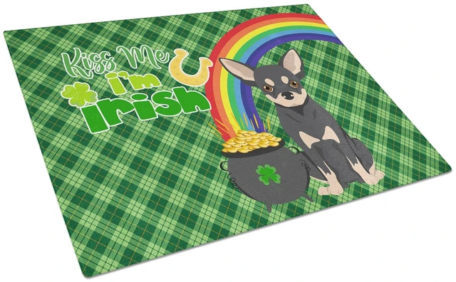 Main image of Black and Cream Chihuahua St. Patrick's Day Glass Cutting Board Decorative Tempered Glass Kitchen Cutting and Serving Board Larg