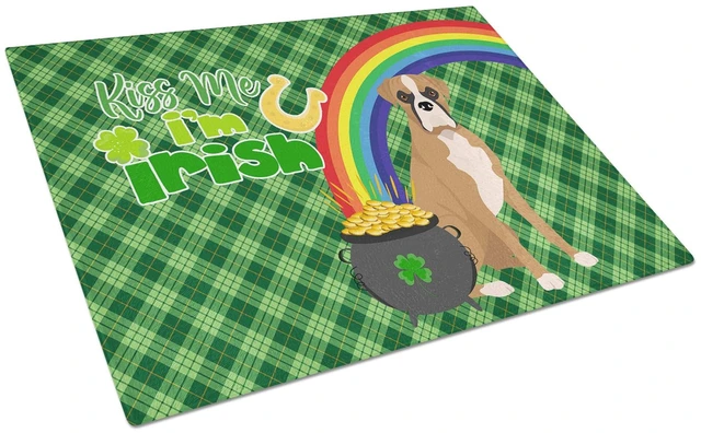 Main image of Natural Eared Fawn Boxer St. Patrick's Day Glass Cutting Board Decorative Tempered Glass Kitchen Cutting and Serving Board Large