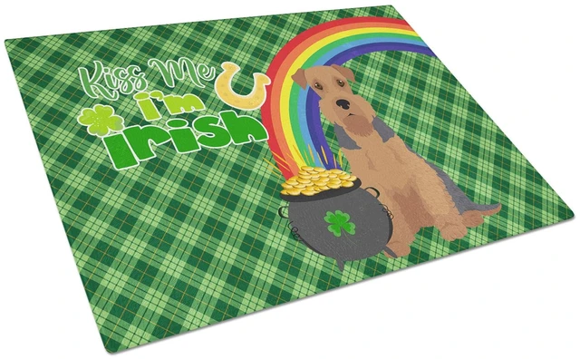 Main image of Grizzle and Tan Airedale Terrier St. Patrick's Day Glass Cutting Board Decorative Tempered Glass Kitchen Cutting and Serving Boa