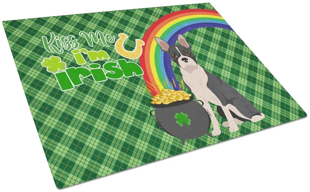 Main image of Black Boston Terrier St. Patrick's Day Glass Cutting Board Decorative Tempered Glass Kitchen Cutting and Serving Board Large Siz