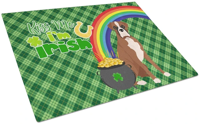 Main image of Natural Eared Red Fawn Boxer St. Patrick's Day Glass Cutting Board Decorative Tempered Glass Kitchen Cutting and Serving Board L