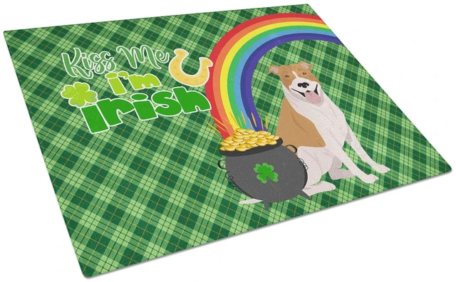 Main image of Red and White Pit Bull Terrier St. Patrick's Day Glass Cutting Board Decorative Tempered Glass Kitchen Cutting and Serving Board
