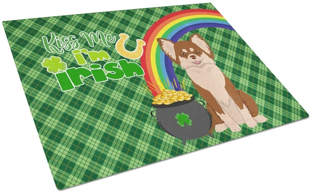 Main image of Longhaired Chocolate and White Chihuahua St. Patrick's Day Glass Cutting Board Decorative Tempered Glass Kitchen Cutting and Ser