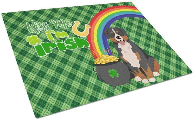 Main image of Bernese Mountain Dog St. Patrick's Day Glass Cutting Board Decorative Tempered Glass Kitchen Cutting and Serving Board Large Siz