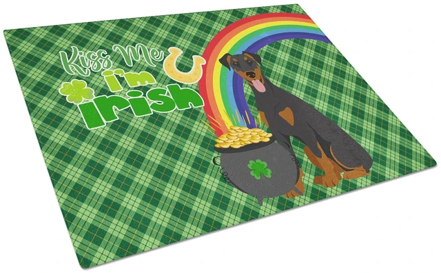Main image of Natural Ear Black and Tan Doberman Pinscher St. Patrick's Day Glass Cutting Board Decorative Tempered Glass Kitchen Cutting and