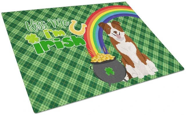 Main image of Red and White Border Collie St. Patrick's Day Glass Cutting Board Decorative Tempered Glass Kitchen Cutting and Serving Board La