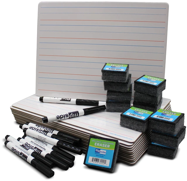 Main image of Flipside Products DoubleSided Magnetic Red & Blue Ruled Dry Erase Board 9" x 12" + Erasers + Black Markers, Class Pack of 12