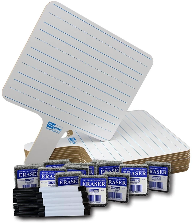 Main image of Flipside Products 7.75" x 10" TwoSided (Lined Side/Blank White Side) Rectangular Dry Erase Writing Answer Paddles, 12 Pack +