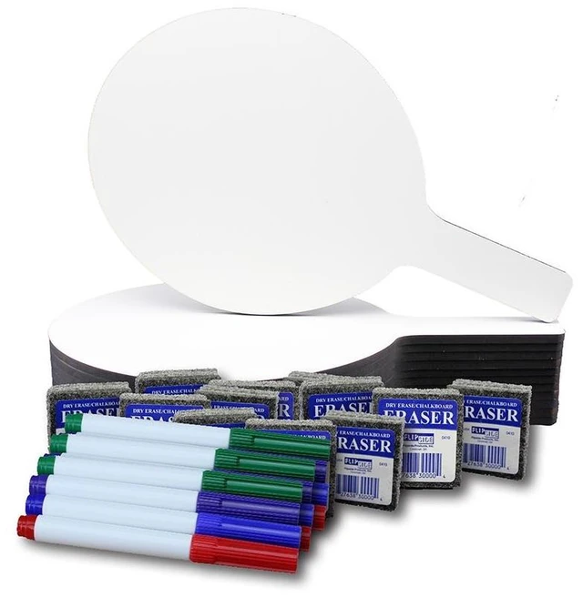 Main image of Oval Dry Erase Answer Paddles with Colored Pens, Class Pack of 12