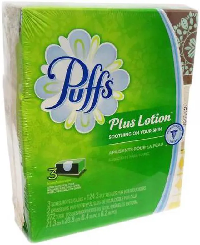 Main image of Puffs Plus Lotion Facial Tissues; 3 Family Boxes 124 Tissues per Box