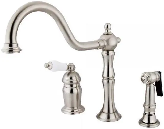 Alt view image 3 of 5 - Kingston Brass KS181.PLBS Heritage Kitchen Faucet with Porcelain Lever Handle an, Satin Nickel