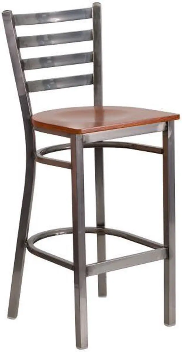 Alt view image 5 of 20 - Flash Furniture Hercules Series Clear Coated Ladder Back Metal Restaurant Barstool with Wood Seat, Cherry