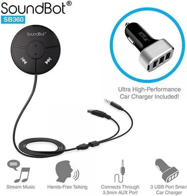 Alt view image 6 of 10 - SoundBot SB360 25.5W Bluetooth 4.0 Car Kit Hands-Free Wireless Talking & Music Streaming Dongle w/ High-Performance USB Car Charger + Magnetic Mounts + Built-in 3.5mm Aux Cable