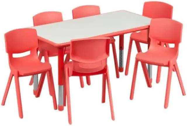 Alt view image 2 of 14 - 23.625''W x 47.25''L Rectangular Red Plastic Height Adjustable Activity Table Set with 6 Chairs